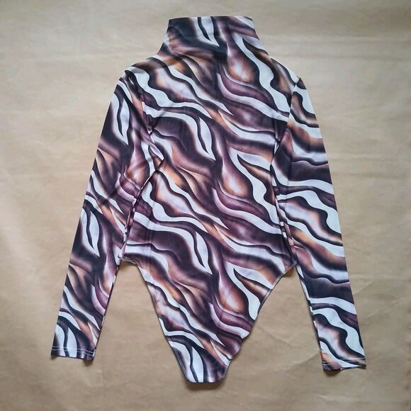 Shein Bodysuit Marble Mesh Long Sleeve Large Brown Cream Abstract Mock Neck Chic - Picture 2 of 8